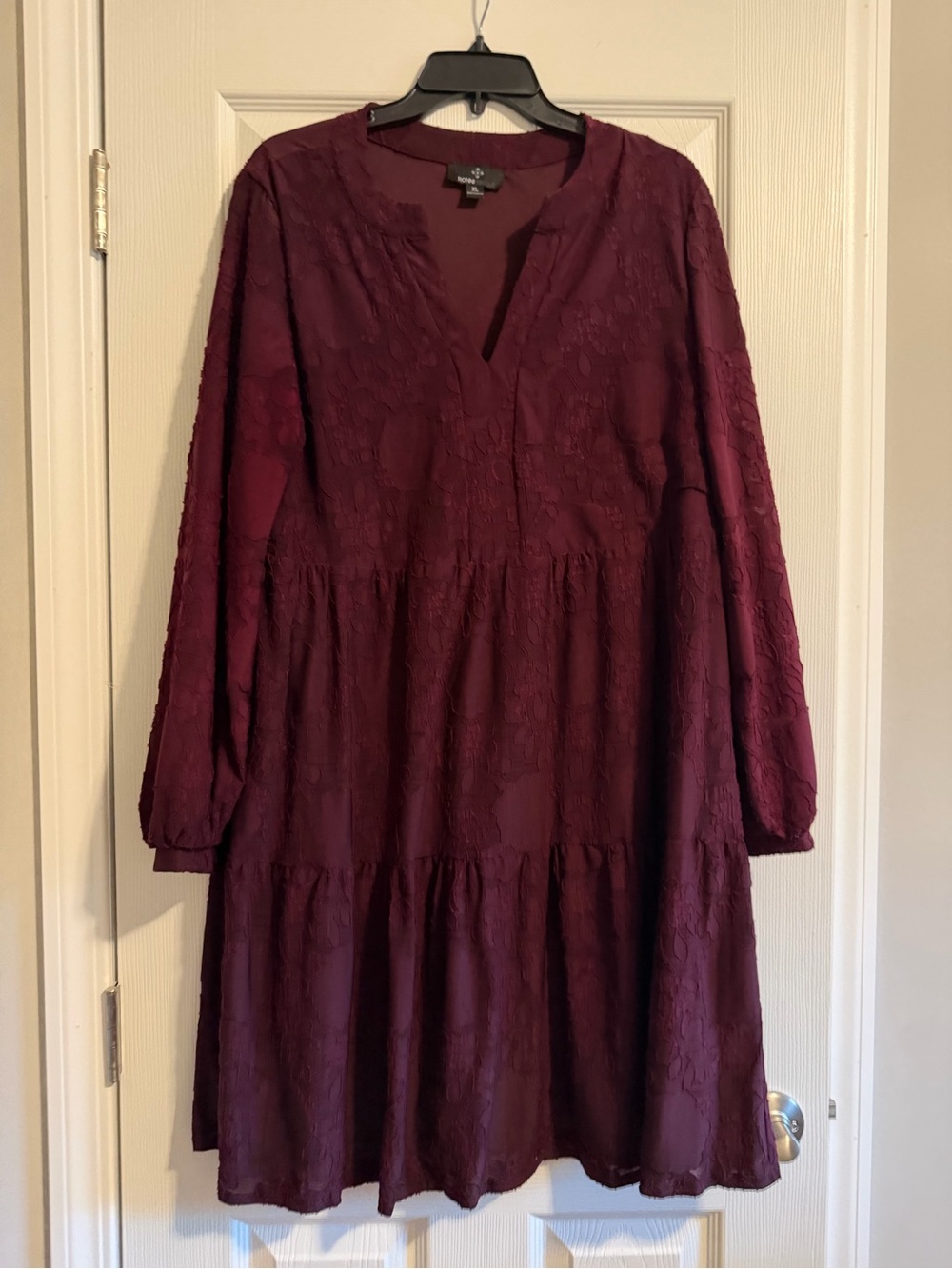 Ronni Nicole Burgundy Long-Sleeve Tiered V-Neck Dress
